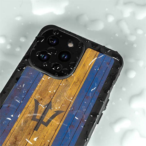 Barbados Flag Dark Wood iPhone 14 Pro Max Waterproof Case